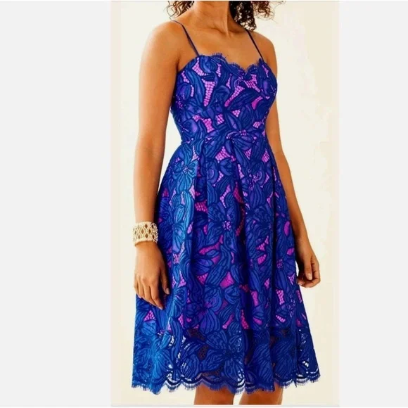 Lilly Pulitzer CAMELLA DRESS Royal Purple Two Tone Orchid Pink Lace - Picture 1 of 6